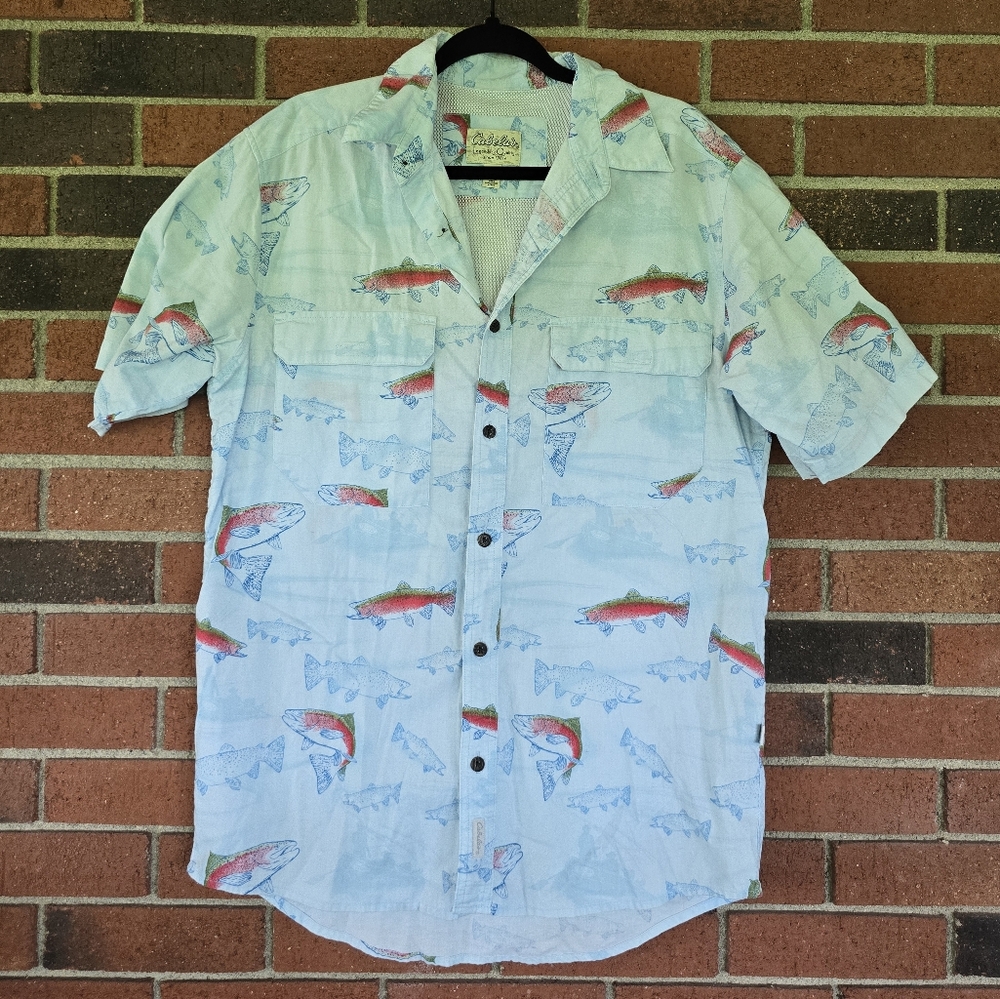 Cabelas Shirt Mens M Fish Print Blue Short Sleeve Button Up Outdoors Fishing
